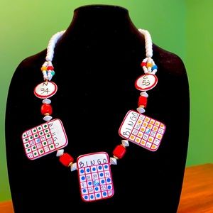 Vintage Plastic BINGO Necklace Red White